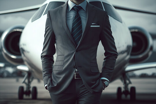A gentleman is business suit is standing in front of the private jet. The Billionaire, businessman successful concept scene. Generative Ai image.