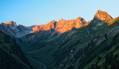 Sunrise in the Lechtal Alps. Alpine landscape with rocky mountains. Tirol, Austria