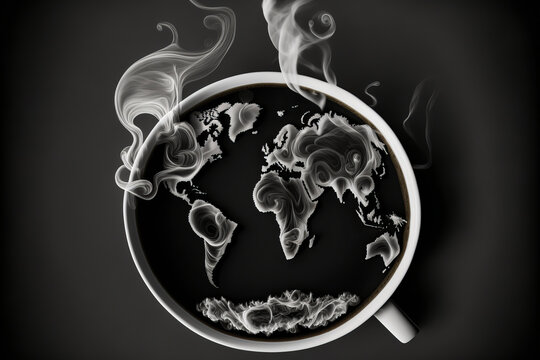 This rich black coffee cup offers a world map on its surface, ideal to discover and taste the different coffees of the world and their particularities. Generative AI