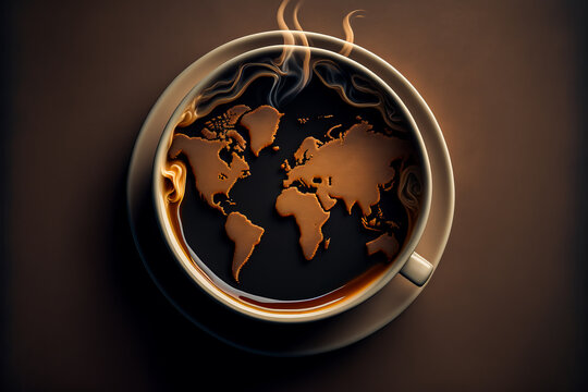 A cup of black and intense coffee, decorated with a world map that reflects the variety of coffees around the world, to discover each taste and its particularities. Generative AI