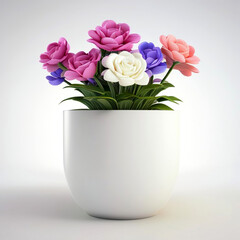 3D illustration image of flowers in a white vase. Blooming flowers with green leaves. Pastel color background. 