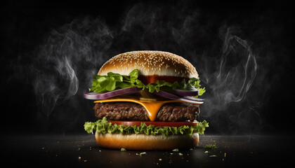 Burger with empty black background created with Generative AI technology