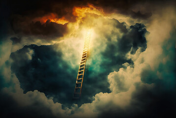 Here is a ladder leading through clouds to heaven or the divine in a spectacular and incredible way. This unique design can delight the eyes and inspire the imagination. Generative AI