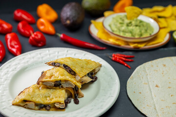 quesadilla with chicken meat and beans and guacamole with nachos