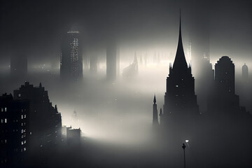 cityscape shrouded in dense fog, Generative AI