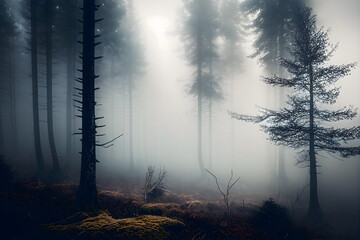 "The Mystery of a Foggy Forest": A landscape of a dense forest shrouded in thick fog, creating an ethereal and mysterious atmosphere.  Generative AI