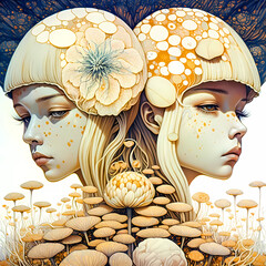 Two beautiful women with mushrooms. Surreal art.