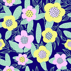 Cool trendy pattern with flowers. Bright yellow and pink flowers on a dark blue background. Hand-drawn seamless pattern. Cute childish fashion print