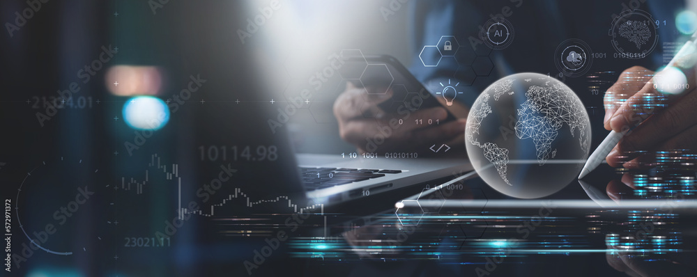 Poster business intelligence, data science. programmer using tablet with global internet network and digita