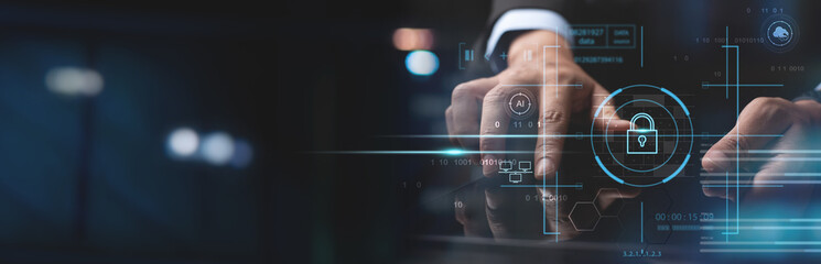Cyber security network. Data protection concept. Businessman using tablet computer with digital padlock on internet technology networking with cloud computing and data management
