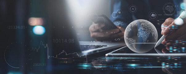 Business Intelligence, data science. Programmer using tablet with global internet network and digital marketing, Investment on global business, plan and strategy, big data, digital technology