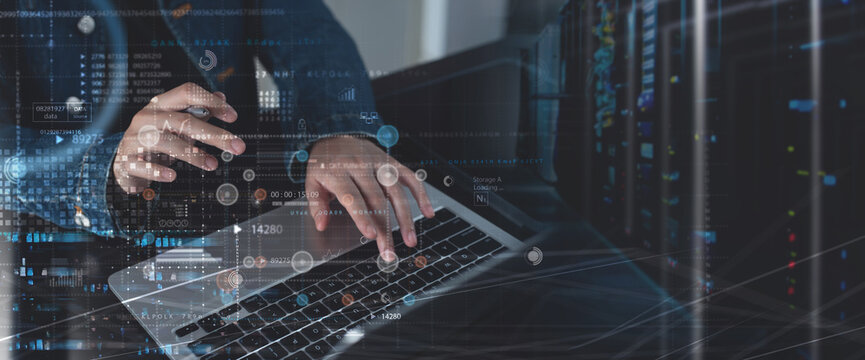Data Processing, digital technology, internet network concept. Computer programmer working on big data and computer code with data center, server room as backgrounds