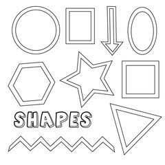 An assortment of different shapes outlined in black read to fill in colors of choice all isolated on white background.
