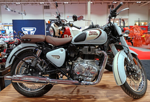 TORONTO-FEBRUARY 17, 2023: The Indian motorcycle Royal Enfield Classic 350  at the Toronto Motorcycle Show, the premier show of its kind in Canada, on February 17, 2023 in Toronto