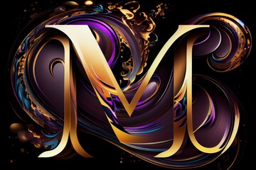 A Very Colorful Abstract Design On A Black Background With A Gold And Purple Swirl On The Bottom Of The Letter M In The Center Of The Image. Generative AI