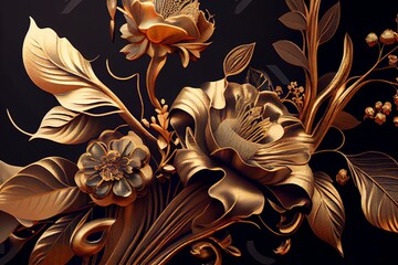 Beautiful Fantasy Vintage Wallpaper Botanical Flower Gold Loeaf Bunch.Vintage Motif For Floral Print Digital Background. Generative AI