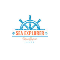 Fototapeta premium Original monochrome vector emblem of a ship steering wheel in vintage style.