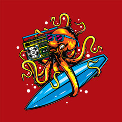 Original vector illustration in vintage octopus style with glasses with surfing and Boombox. T-shirt design, design element.