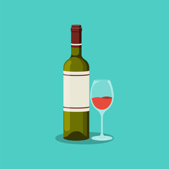 Bottle of wine with a glass. Alcoholic drinks. Vector illustration flat design. Isolated on white background.