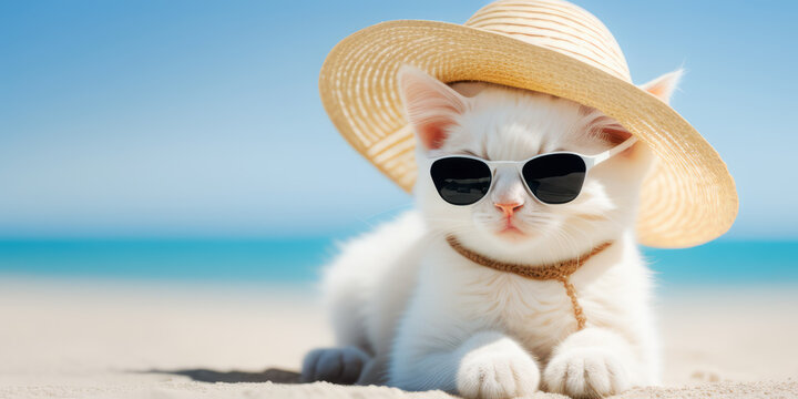 Chat à la plage. Vacances été. Chaton assis sur une plage de sable blanc. Generative AI