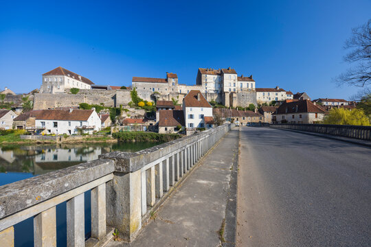 Typical small town Pesmes with river L Orgon, Haute-Saone, France