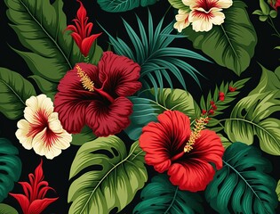 Seamless and abstract floral pattern including hibiscus flowers. Generative AI.