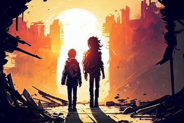 Illustration Of A Boy And A Girl Holding Hands. Walking In A Destroyed City. They Are Looking At The Bright Sun. Hoping For A Brighter Future. Generative AI