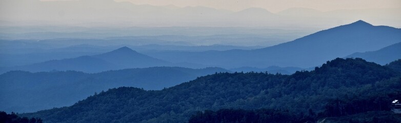 Blue Ridge Mountains, North Carolina, USA. Blue mountains panorama, mist in the distance