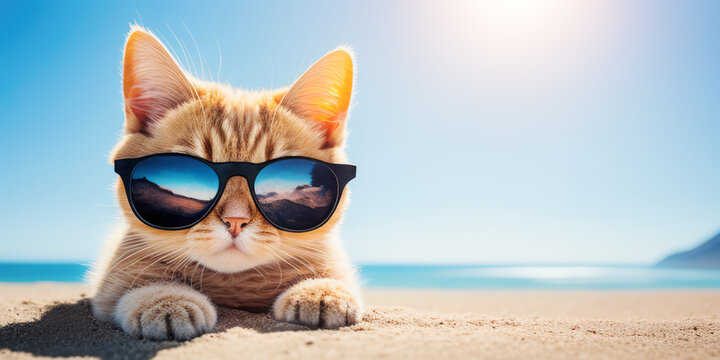 Chat &agrave; la plage. Vacances &eacute;t&eacute;. Chaton assis sur une plage de sable blanc. Generative AI
