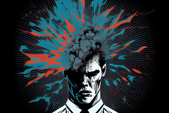 Man In A Business Shirt And Tie Exploding Head. The Concept Of Mental Overload. Busyness. Stress At Work. Brain Drain. Technology. Generative AI