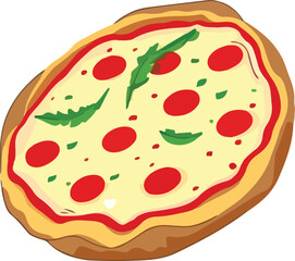 Delicious Pizza with Tomato and Mozzarella. Vector Illustration.