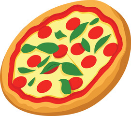 Delicious Pizza with Tomato and Mozzarella. Vector Illustration.