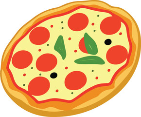 Delicious Pizza with Tomato and Mozzarella. Vector Illustration.