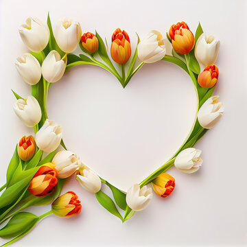Heart shaped frame with tulips for International Women's Day, Mother's day, 8 March, Valentine's Day and Spring is coming background. Greeting card created with AI generative technology.