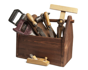 Old Carpenter Wooden toolbox with tools isolated on transporent background. Mock up. - 572973958