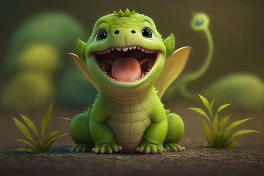green baby dragon with open mouth and horns, cute and smiling, generative ai