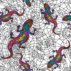 Seamless pattern with lizards in mosaic style. Stained glass with lizards endless design
