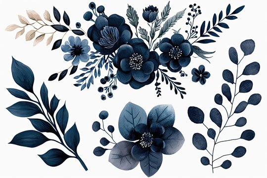 Navy Blue Water Color Floral, Generative Ai