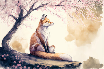 A winged watercolor with a delicate style and soft colors showing a fox meditating under a cherry tree in bloom. Ideal for creating a calm and comforting atmosphere. Generative AI