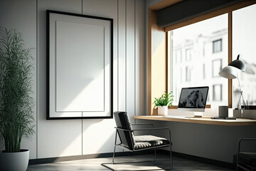 Fototapeta na wymiar Office room background with mock up poster frame. Generative Ai
