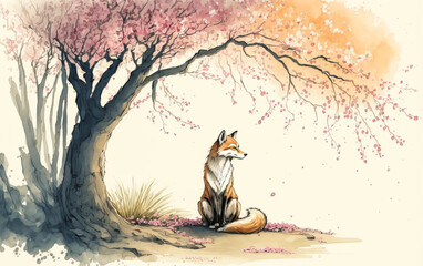 A cautious fox contemplates the beauty and tranquility of a cherry blossom tree, painted with soft watercolors. Generative AI
