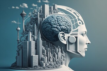 Head Of Young Woman In Form Of Metropolis. Concept of Modern Technological Development. Big Houses Seem To Grow Out Of Her Head. Large Brain In Head.