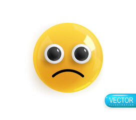Emoji face sad upset. Emotion Realistic 3d Render. Icon Smile Emoji. Vector yellow glossy emoticons.