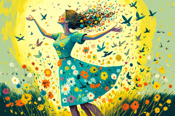 A person happily dancing in a field of flowers vibrant with soft pastel colors, surrounded by birds and butterflies. Emotion: Happiness, freedom, creativity. Generative AI