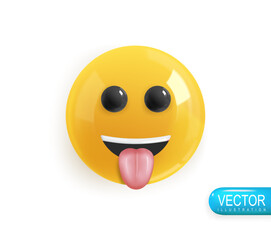 Emoji face funny shows tongue. Realistic 3d Icon. Render of yellow glossy color emoji in plastic cartoon style isolated on white background. Vector illustration
