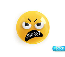 Emoji face swearing. Realistic 3d Icon. Render of yellow glossy color emoji in plastic cartoon style isolated on white background. Vector illustration