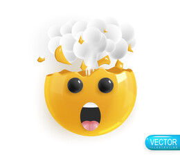 Emoji face explosion head. face Emotion Realistic 3d Render. Icon Smile Emoji. Vector yellow glossy emoticons.