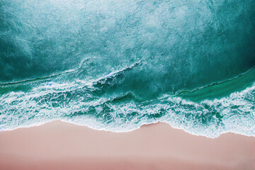 Spectacular top view from drone photo of beautiful pink beach with relaxing sunlight, sea water waves pounding the sand at the shore. Calmness and refreshing beach scenery. - obrazy, fototapety, plakaty