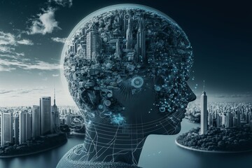 Head In Form Of Metropolis. It Is Against Background Of City Buildings. Concept of Modern Technological Development. Planet Earth Inside Girl Head.