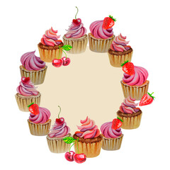 A wreath of cupcakes. Watercolor illustration. Delicious sweets. Pie with strawberries and cherries.
